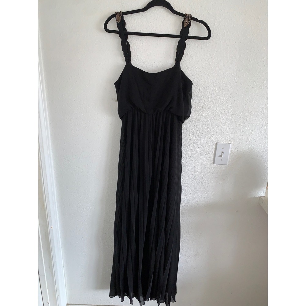 Bisou Bisou Black Beaded Strap Pleated Maxi Dress V-Neck Blouson Evening Gown - Picture 2 of 7